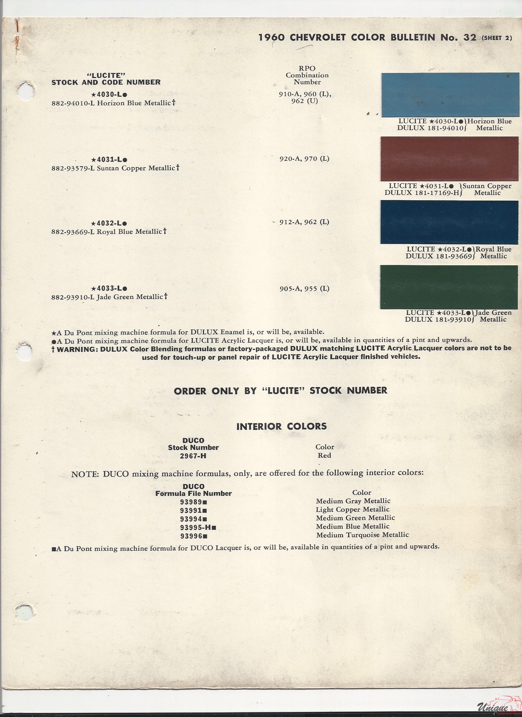 1960 GM Chev And Truck Paint Charts